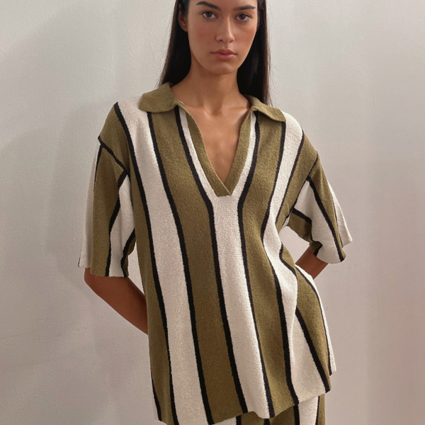 Olive Stripe Textured Knit Shirt