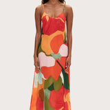 Red Floral Cotton Silk Dress