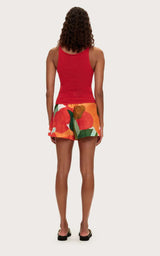 Red Floral Cotton Silk Short