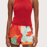 Red Floral Cotton Silk Short