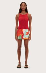 Red Floral Cotton Silk Short